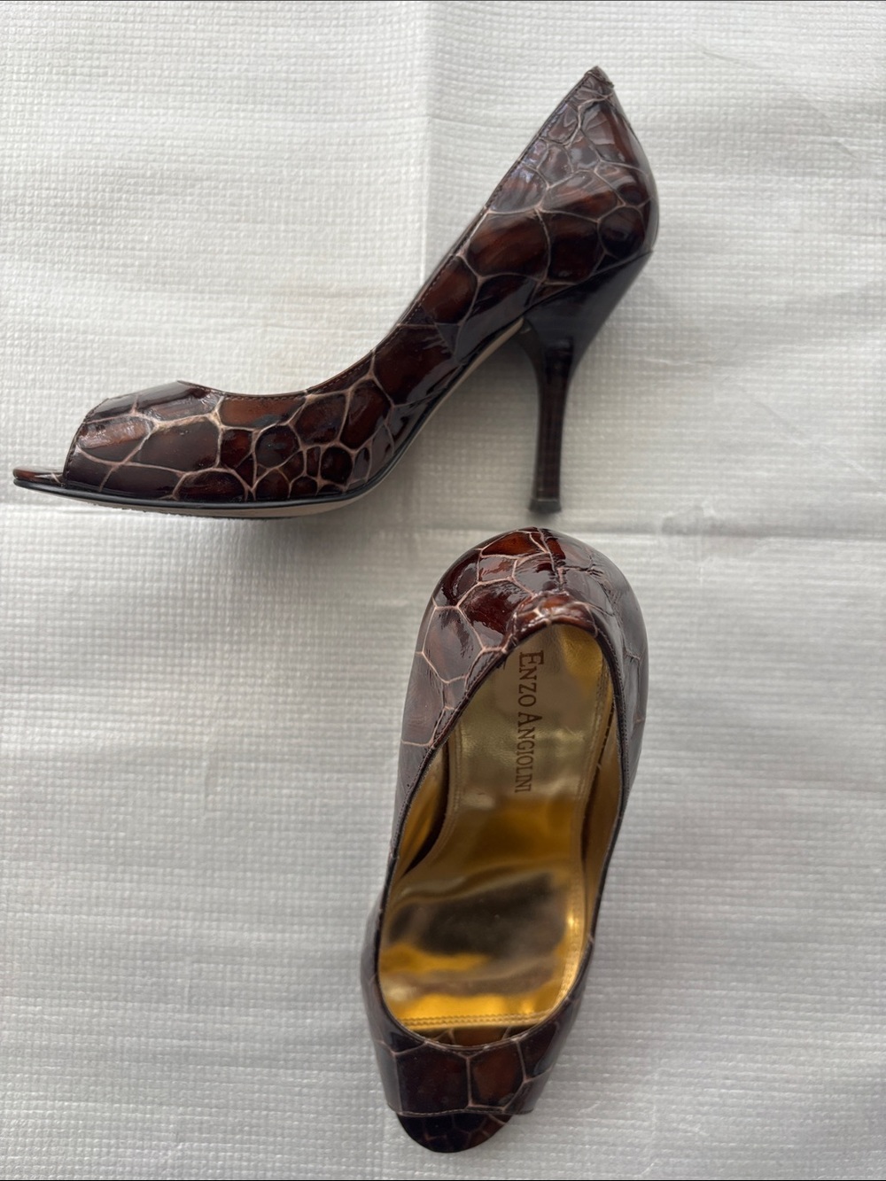 Enzo Angiolini Dark Brown Croc-Embossed Peep-Toe Heels